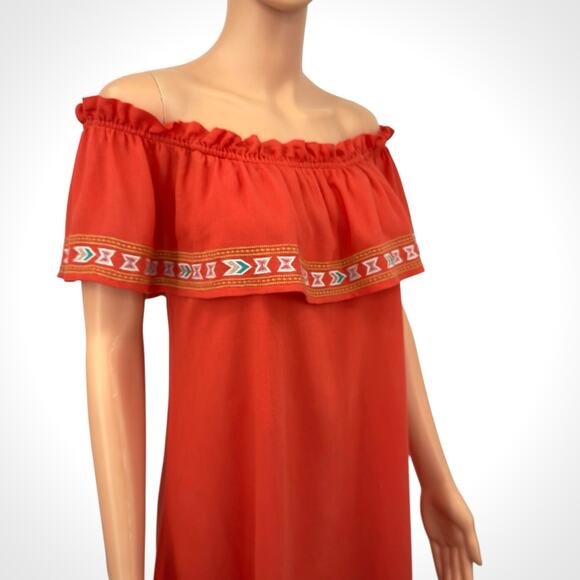 THML Orange Aztec-Inspired Embroidered Off Shoulder Ruffle Mini Dress Sz Medium - Picture 4 of 13